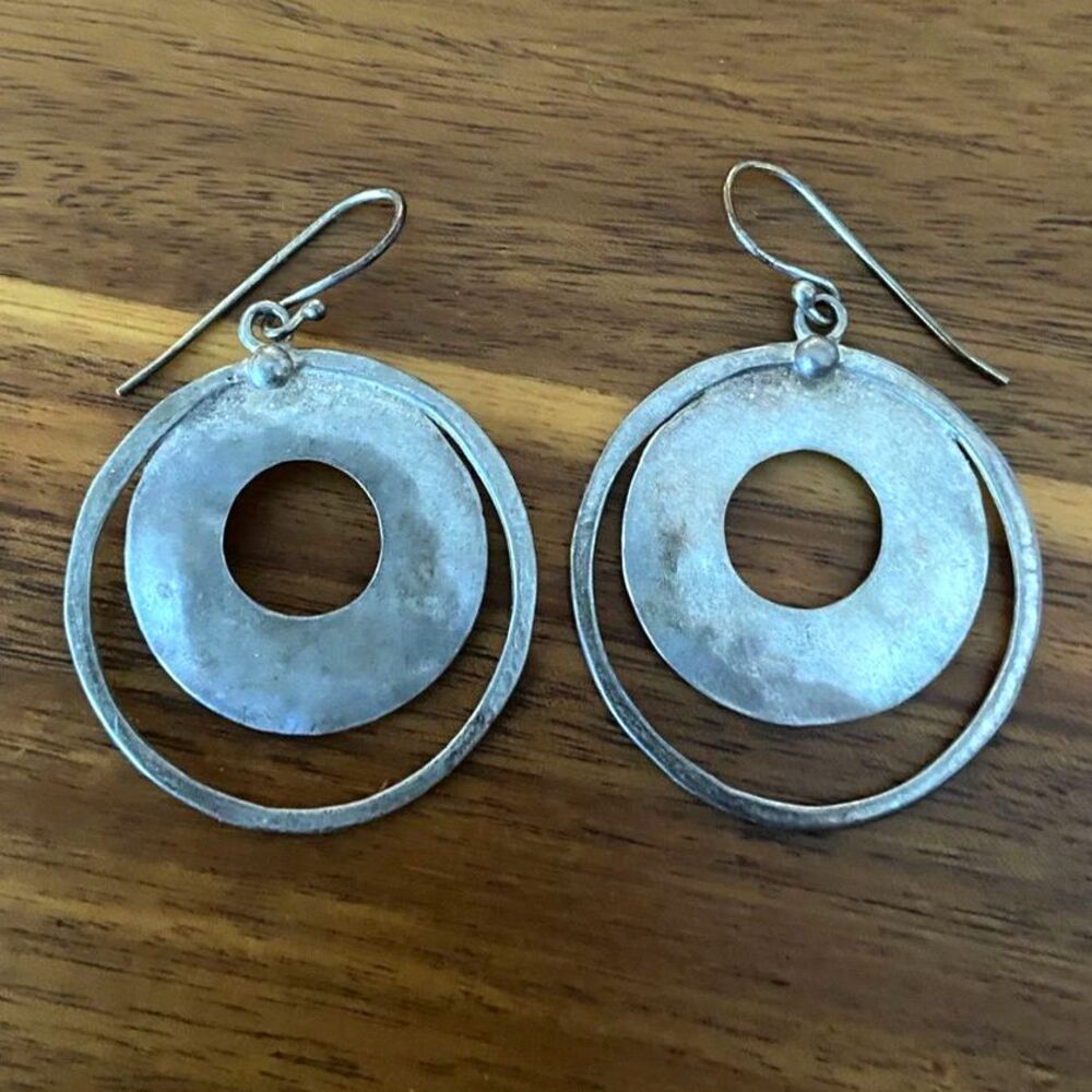 Sterling Silver Modernist Sculptural Double Hoop Earrings Handmade‎
